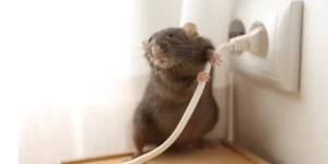 Mouse holding electrical cord playfully.