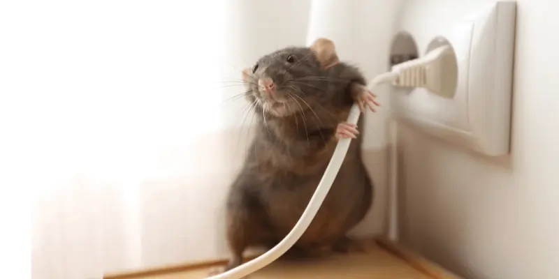 Mouse holding electrical cord playfully.