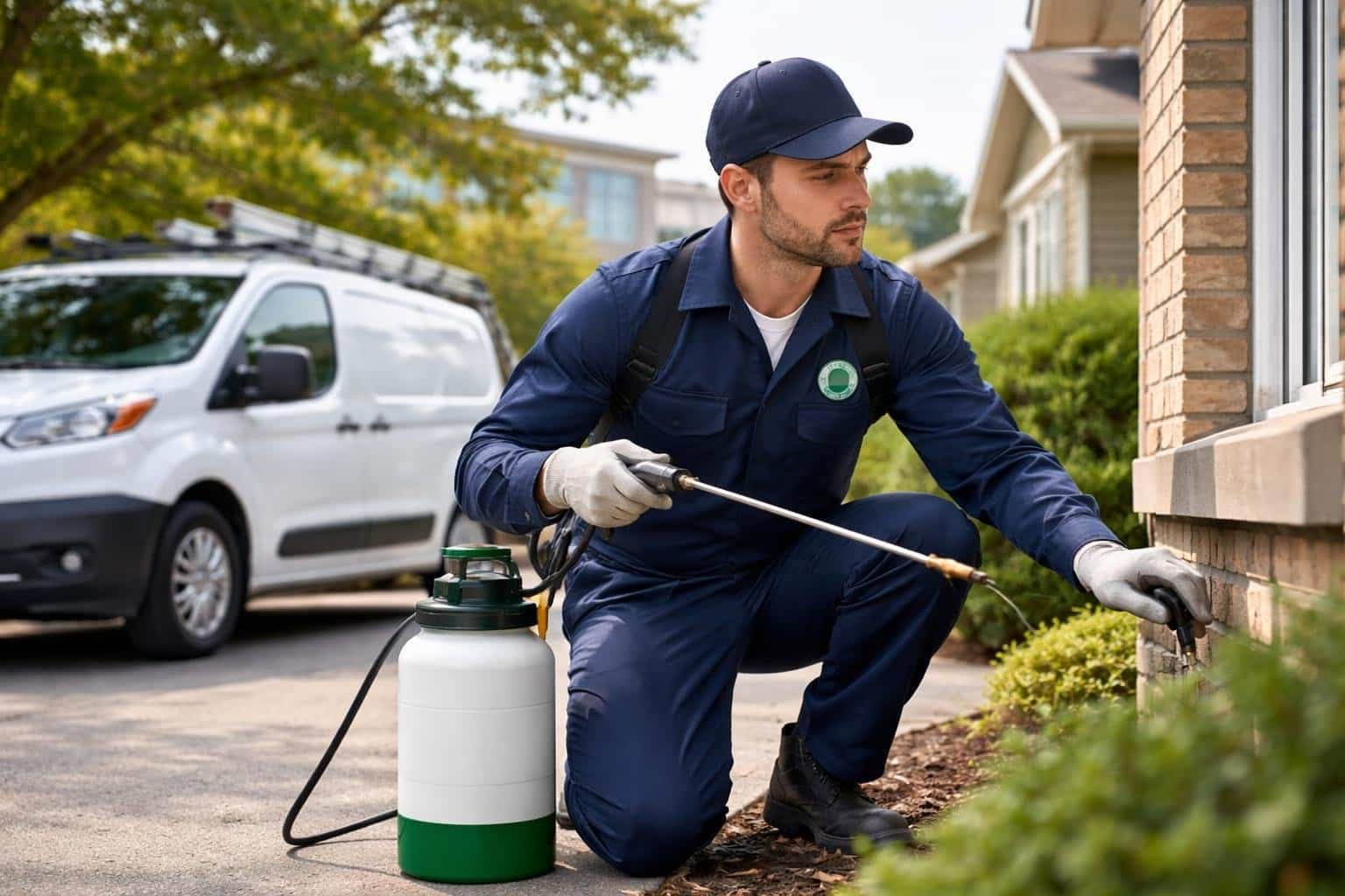 A pest control technician in uniform inspecting the exterior of a suburban house with a pest control vehicle nearby and a commercial building in the background.