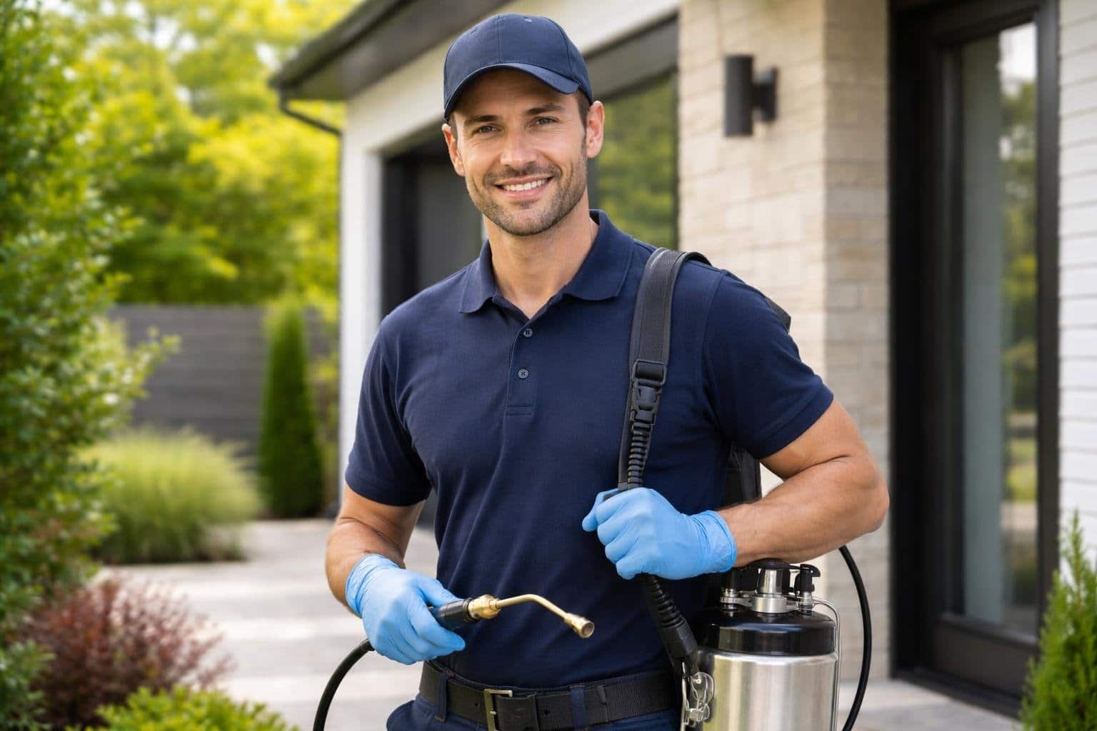 A pest control technician in uniform inspecting a residential home exterior with pest control equipment.
