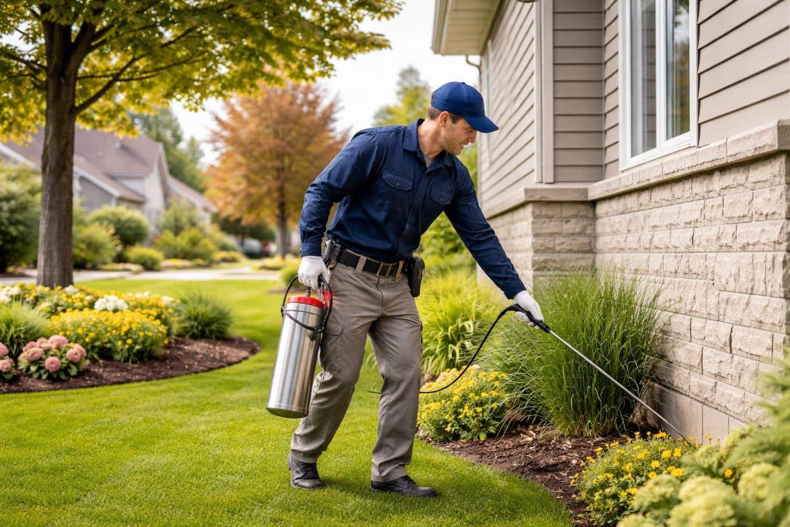 A pest control technician inspecting the exterior of a suburban home with trees and a garden in the background.