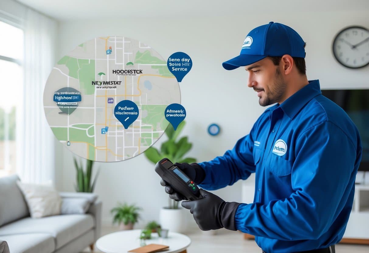 A pest control technician inspecting a living room corner in a modern home, wearing protective gear and gloves.