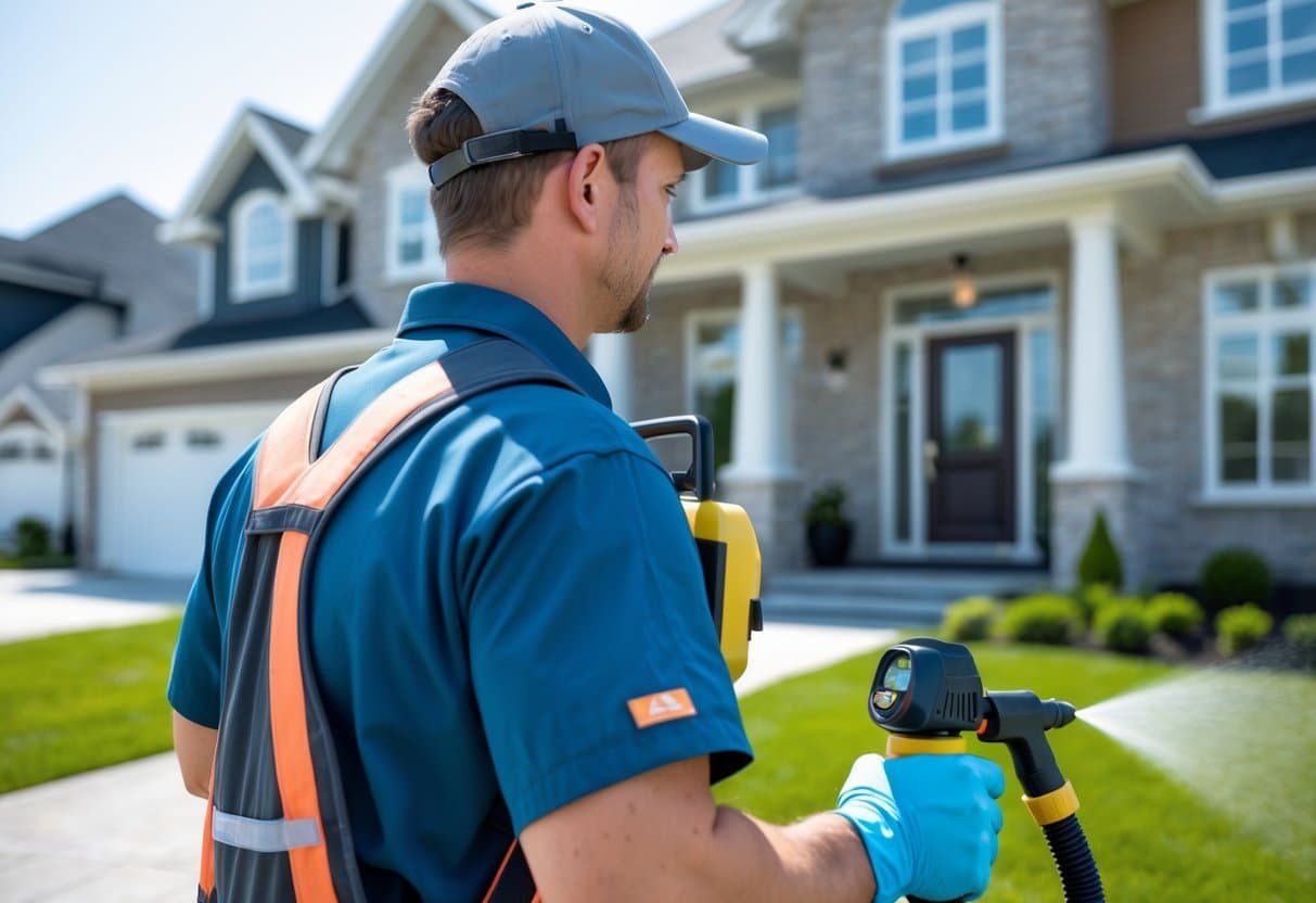 A pest control technician inspecting a residential home and a commercial building, holding equipment and wearing protective gloves.