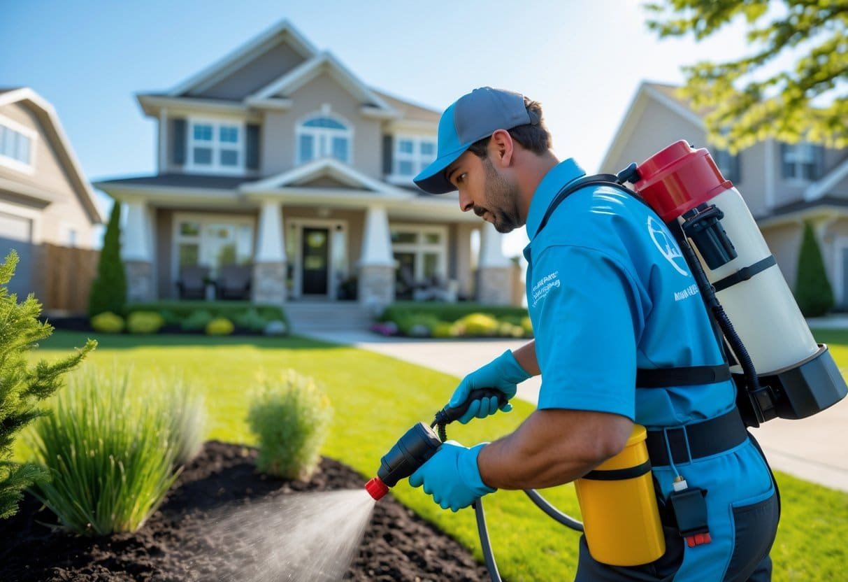 A pest control technician in uniform using equipment outside a suburban house to remove pests.