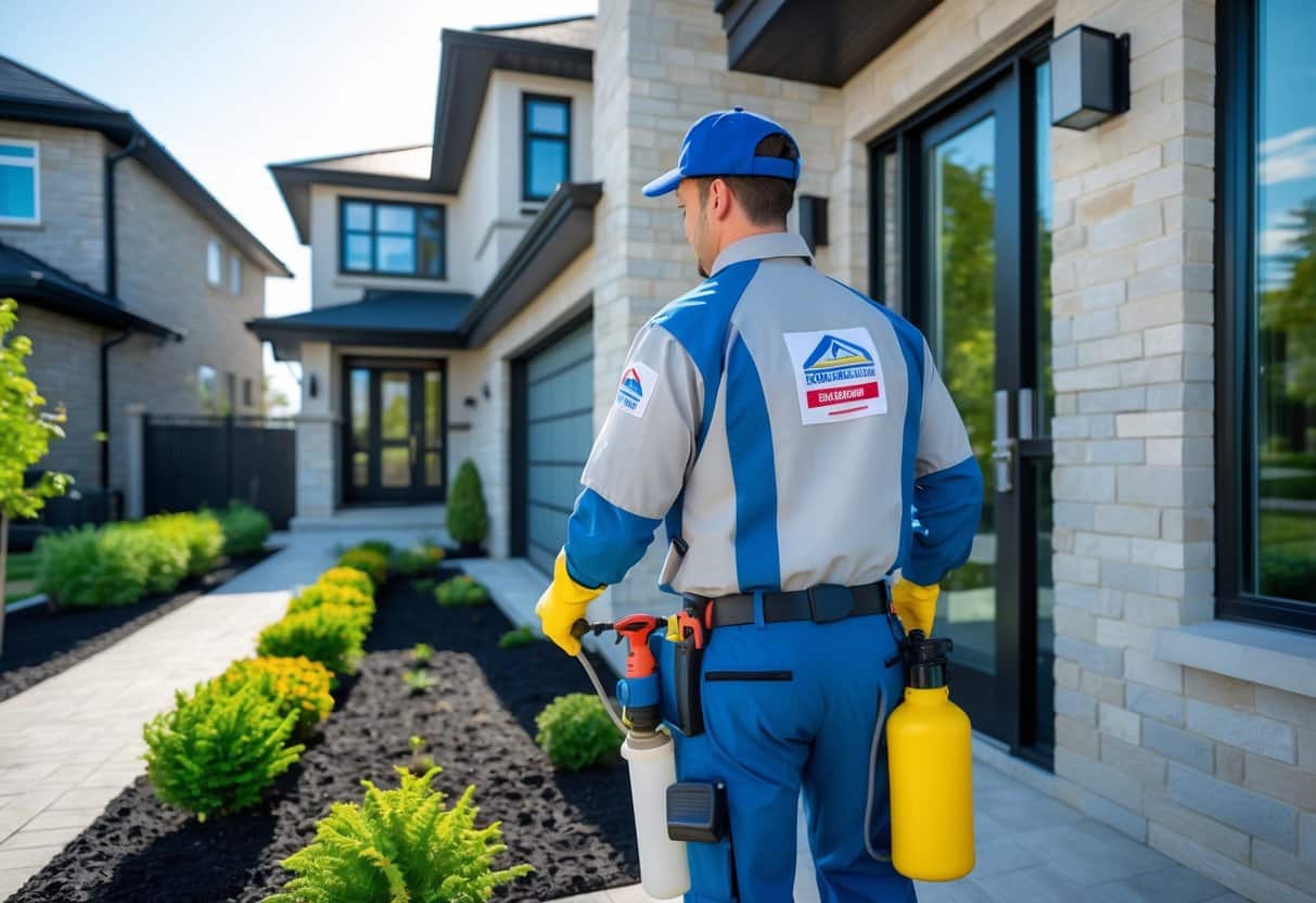 A pest control technician inspecting and treating areas around a residential house and a commercial building.