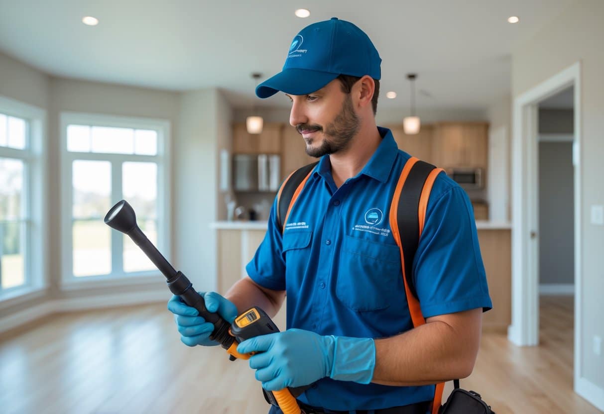 A pest control technician inspecting a residential home interior with pest control equipment.