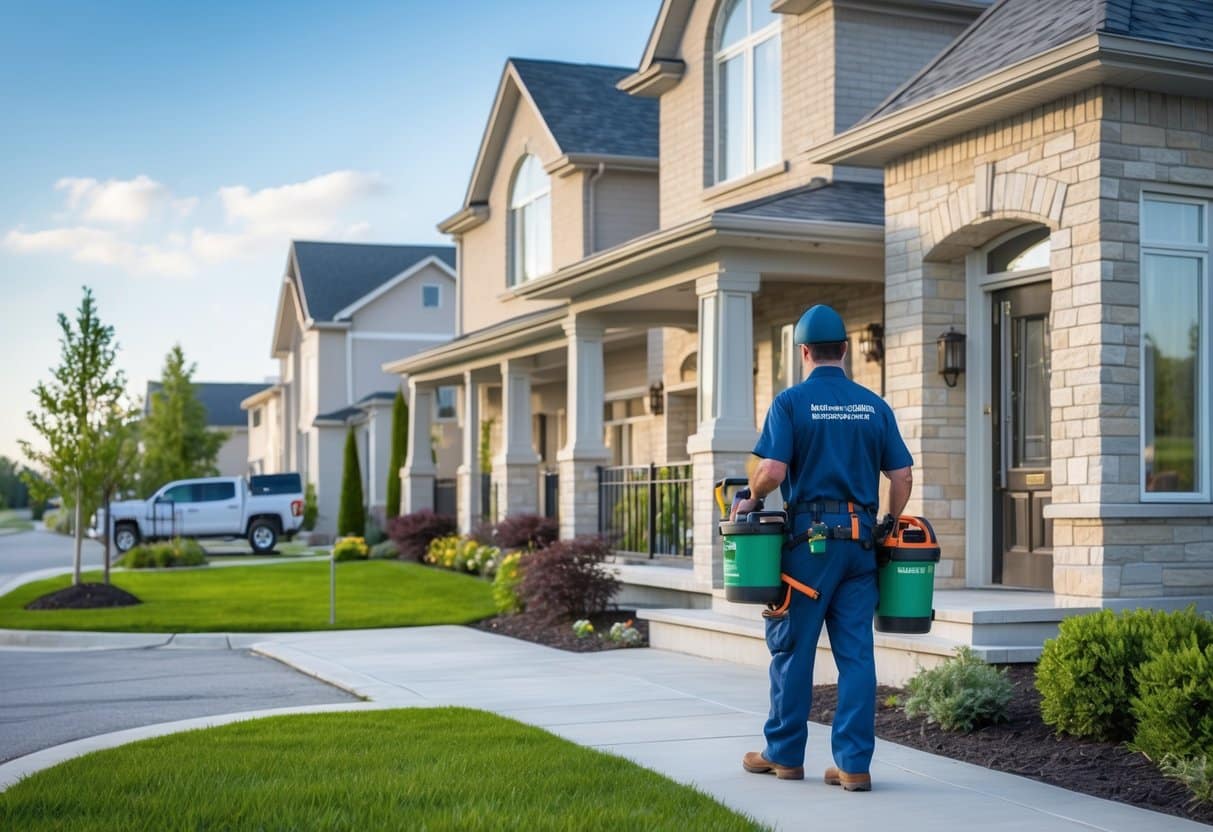 A pest control technician inspecting the exterior of a residential property with a commercial building in the background.