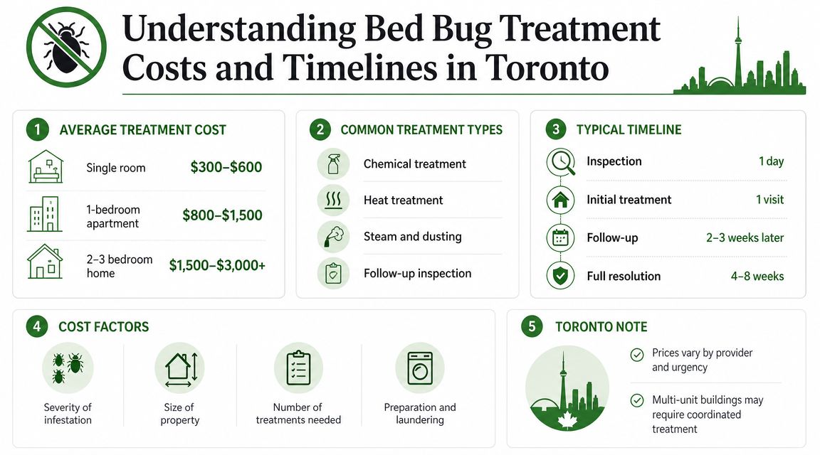 An infographic showing average bed bug treatment costs, methods, and timelines for properties in Toronto.