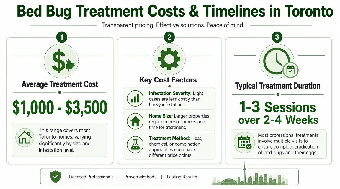 An infographic detailing average costs, duration, and key factors for professional bed bug treatment in Toronto.
