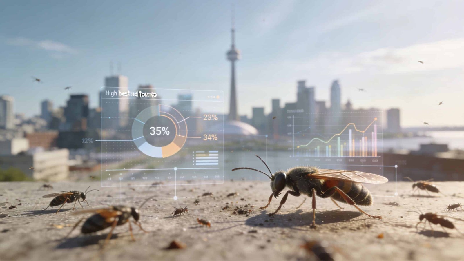 A close-up view of insects on a rooftop with a digital data display and Toronto skyline background.
