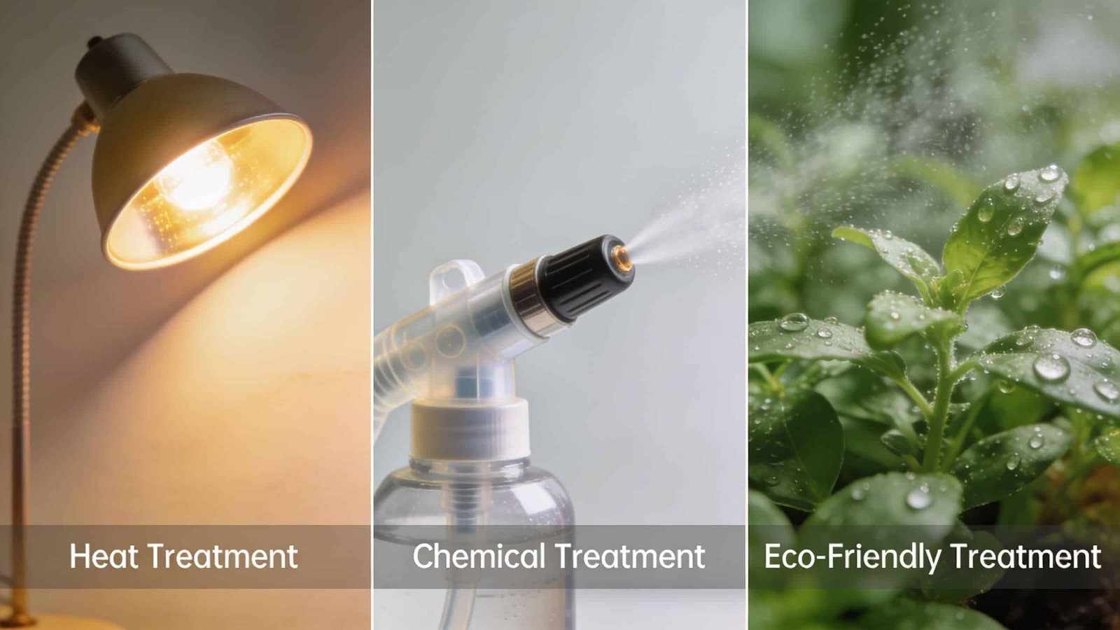 A three-panel graphic comparing heat, chemical, and eco-friendly treatment methods for effective pest control solutions.