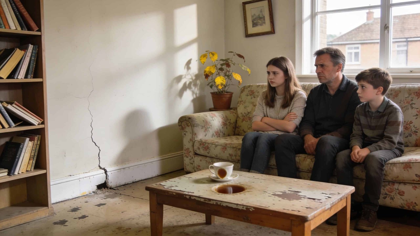 A concerned family sits on a couch in a living room with a large crack in the wall.