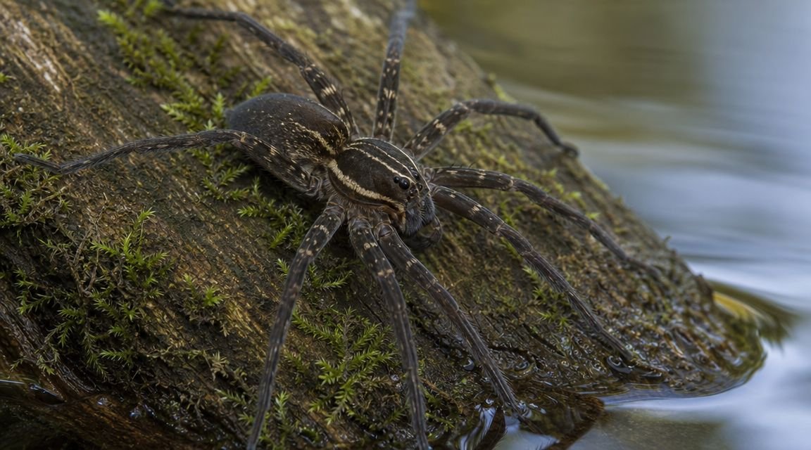 Meet the Biggest Spider In Ontario: Facts & Safety 1 A dark fishing spider resting on a mossy log floating in a calm body of water.