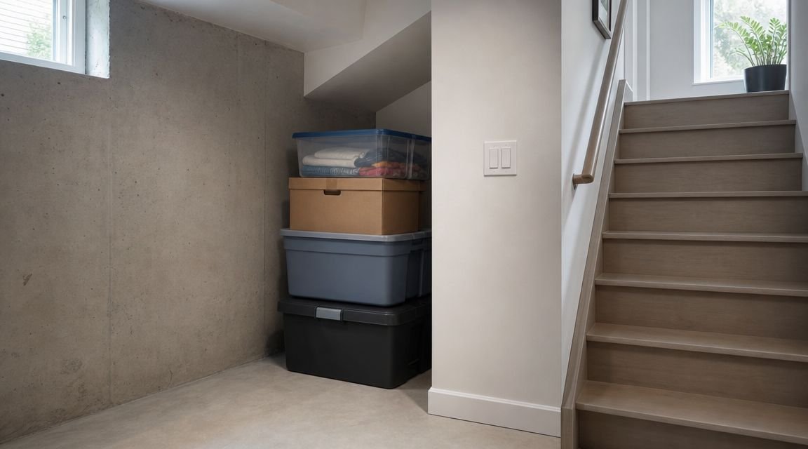 Meet the Biggest Spider In Ontario: Facts & Safety 3 A stack of storage bins tucked away in the corner of a clean, modern basement staircase area.