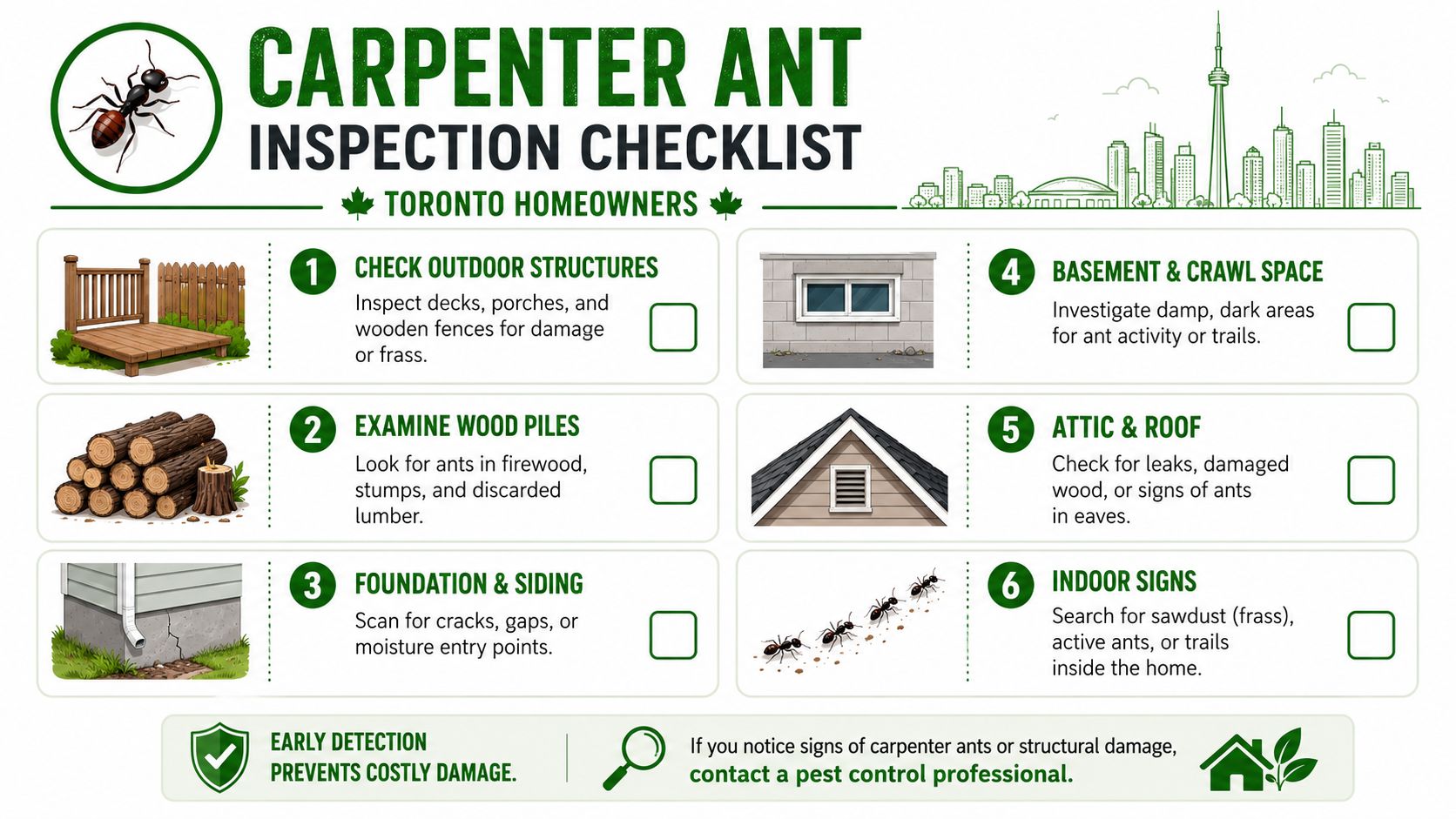 A carpenter ant inspection checklist for Toronto homeowners featuring tips for identifying potential pest infestations at home.