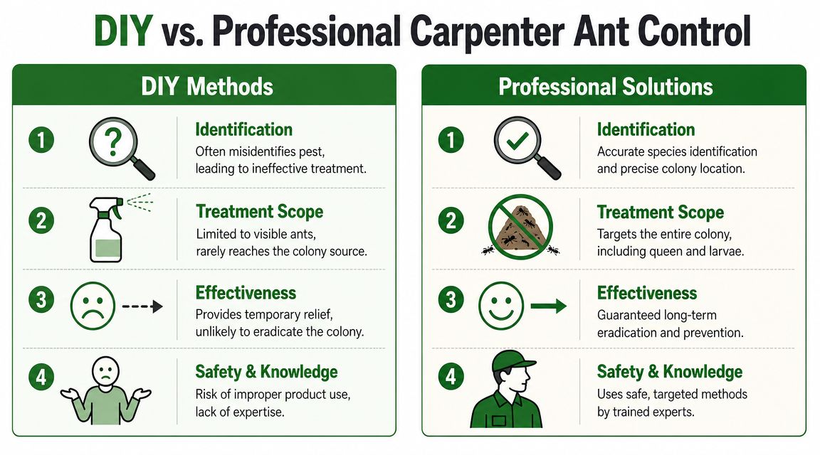 A comparison infographic showing the pros and cons of DIY methods versus professional carpenter ant control services.