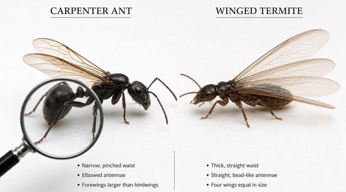 A comparison showing physical differences between a winged carpenter ant and a winged termite for identification.