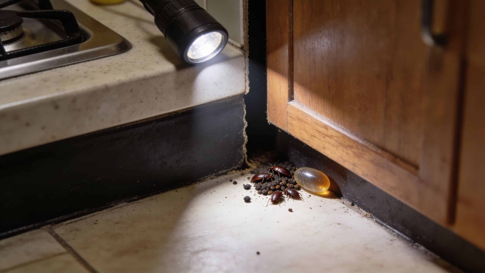 A group of cockroaches with droppings and an egg case found on a kitchen floor.
