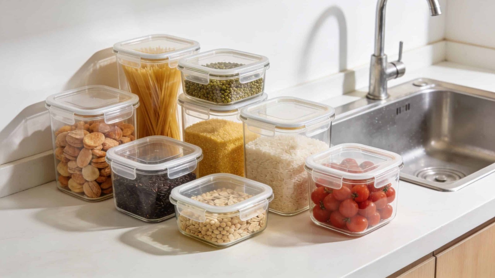 Several clear square glass containers filled with various dry food items on a white kitchen counter.