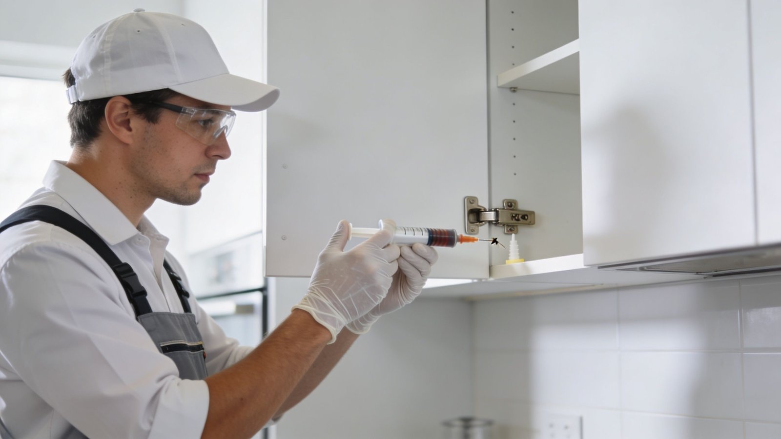 A professional pest control technician wearing protective gear applies cockroach gel bait inside a kitchen cabinet.