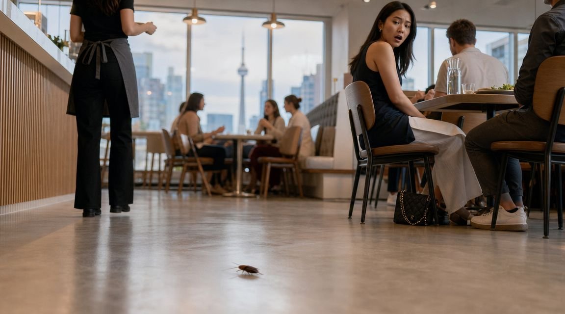 Commercial Pest Control in Toronto: A 2026 Business Guide 1 A cockroach crawls across the floor of a restaurant, causing a woman sitting at a table to react.