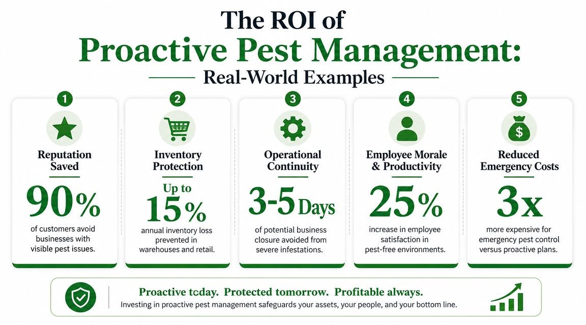 Commercial Pest Control in Toronto: A 2026 Business Guide 4 An infographic titled The ROI of Proactive Pest Management displaying five benefits for businesses in English.