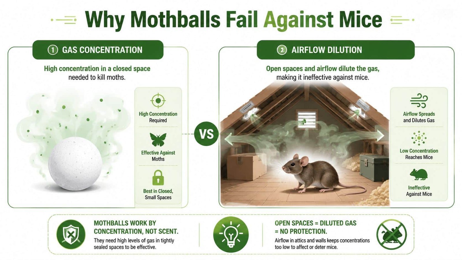 An infographic explaining why mothballs are ineffective at repelling mice due to low gas concentration in open spaces.