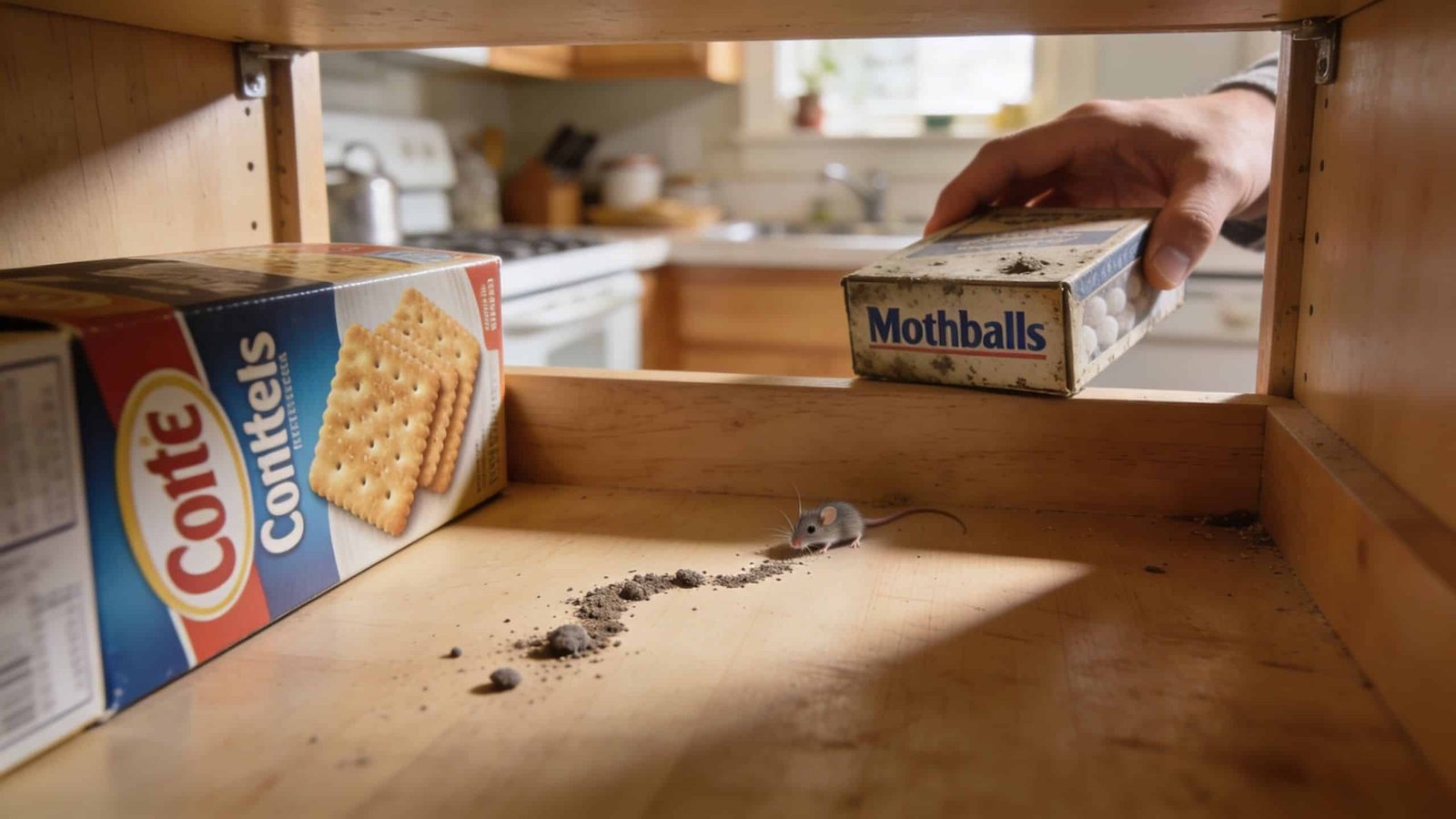 A mouse walks past a box of mothballs and a box of crackers in a kitchen cabinet.