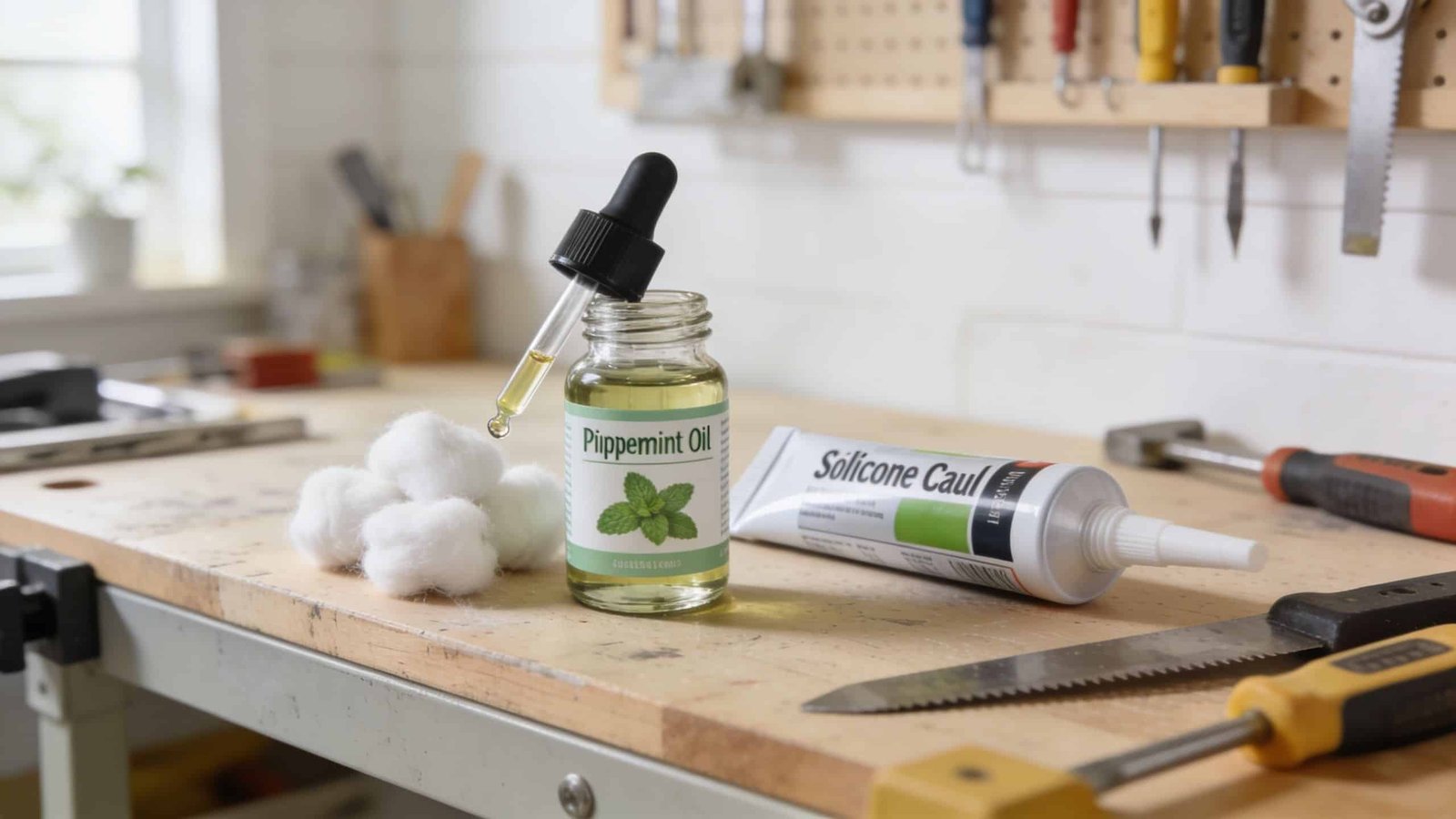 Peppermint oil, cotton balls, and silicone caulk arranged on a wooden workbench in a workshop setting.