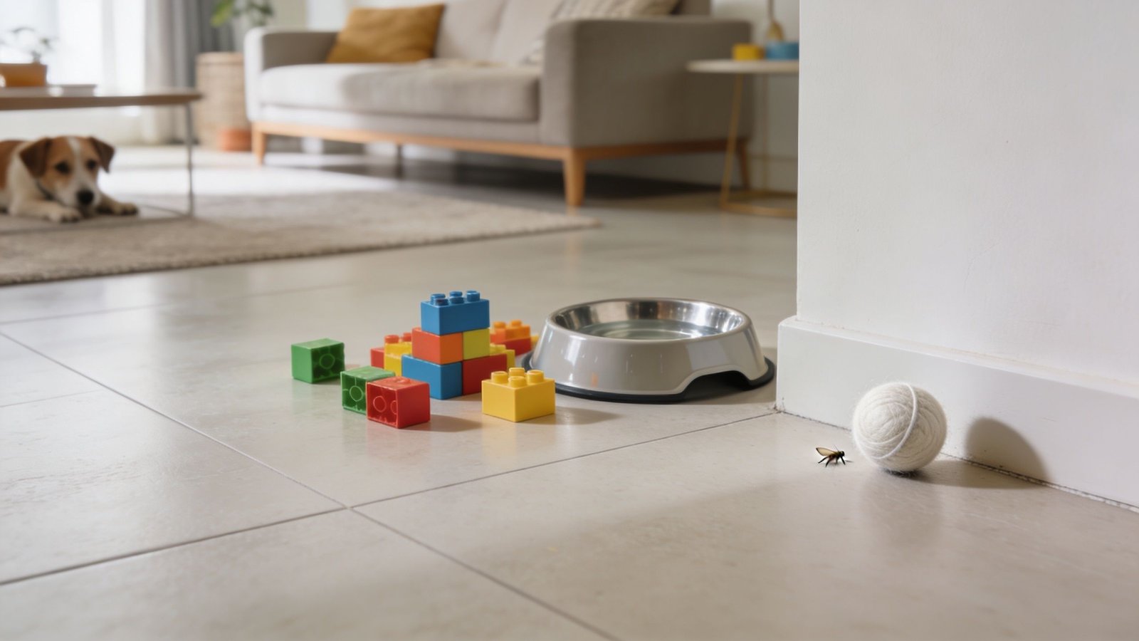 A domestic scene featuring a dog, colorful toy blocks, a water bowl, and a small toy ball.