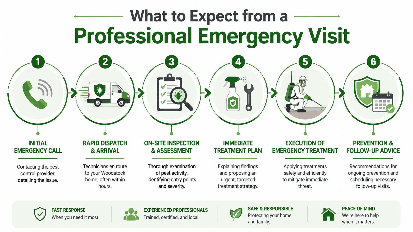 An infographic illustrating the six-step process for a professional emergency pest control service visit to a home.