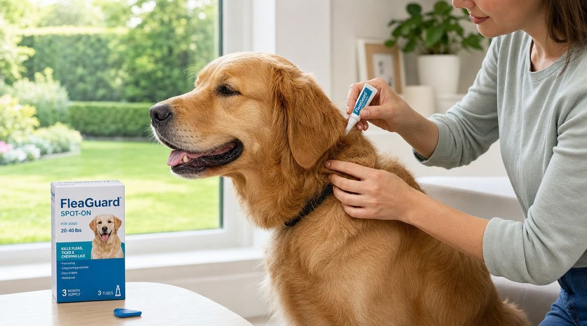 A woman applying FleaGuard spot-on treatment to the back of a golden retriever dog's neck.