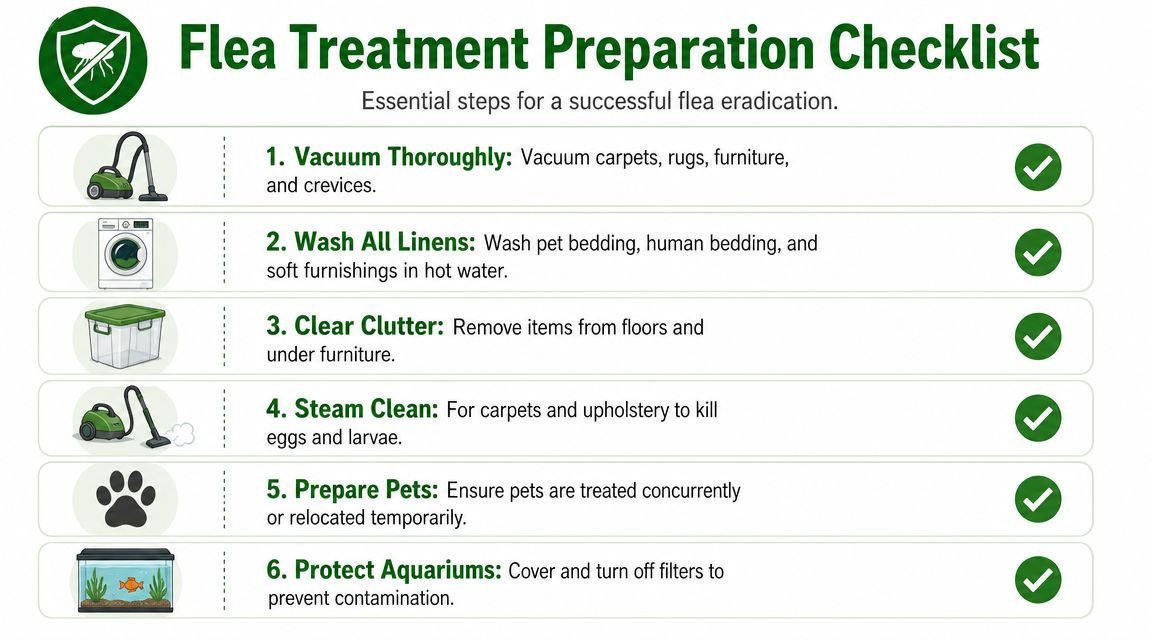 A helpful checklist for home flea treatment preparation featuring six essential steps for effective pest control.