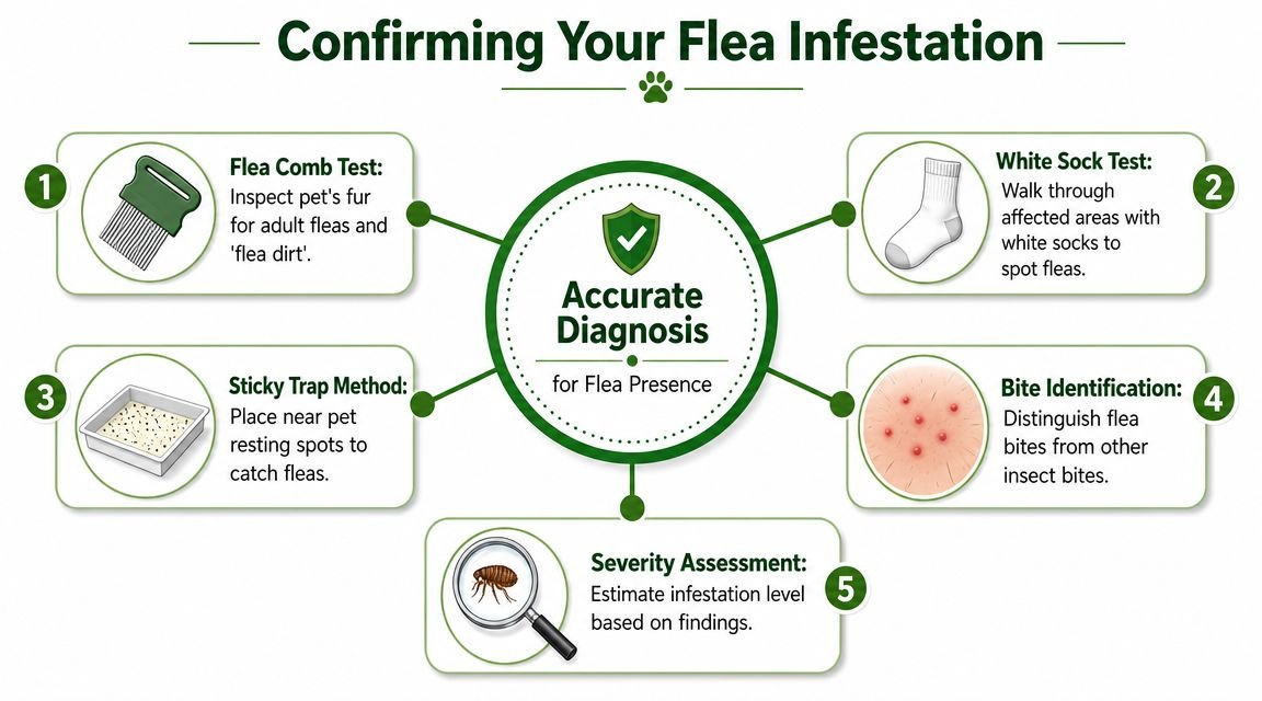 A diagram illustrating five methods for confirming a flea infestation, including testing pets and observing symptoms.