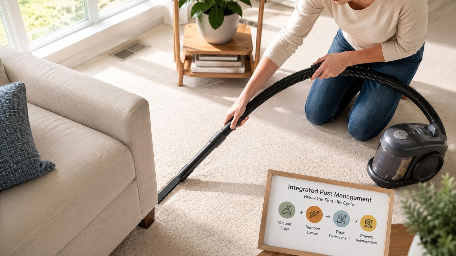 A person kneeling on a carpet, vacuuming near a couch, next to a sign about flea management.