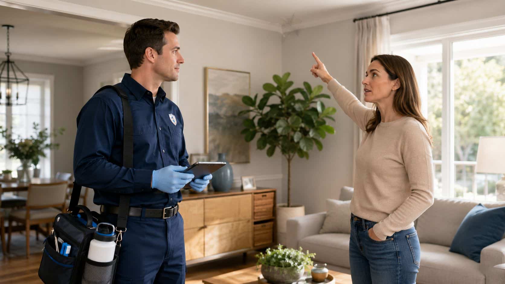 A professional pest control worker listens to a woman pointing out a spider web on the ceiling.