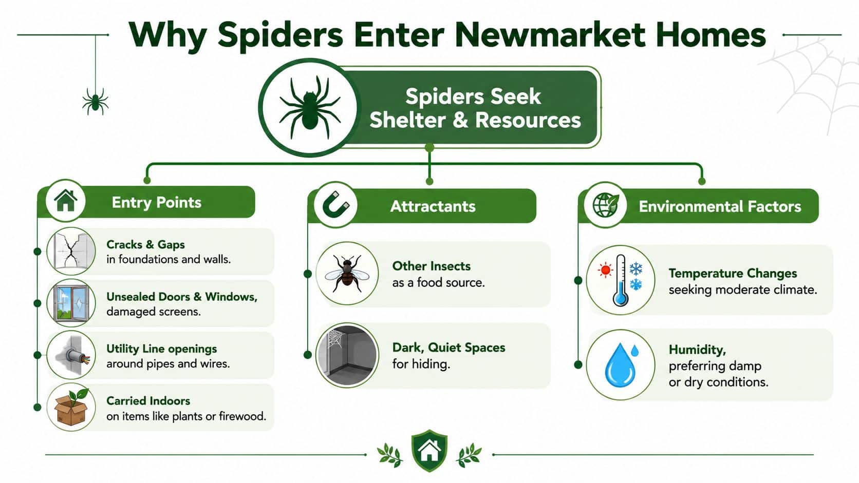 An infographic titled Why Spiders Enter Newmarket Homes showing common entry points, attractants, and environmental factors.