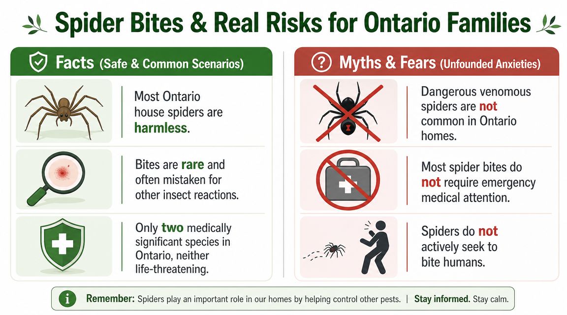 An infographic titled Spider Bites and Real Risks for Ontario Families detailing myths and facts about spiders.