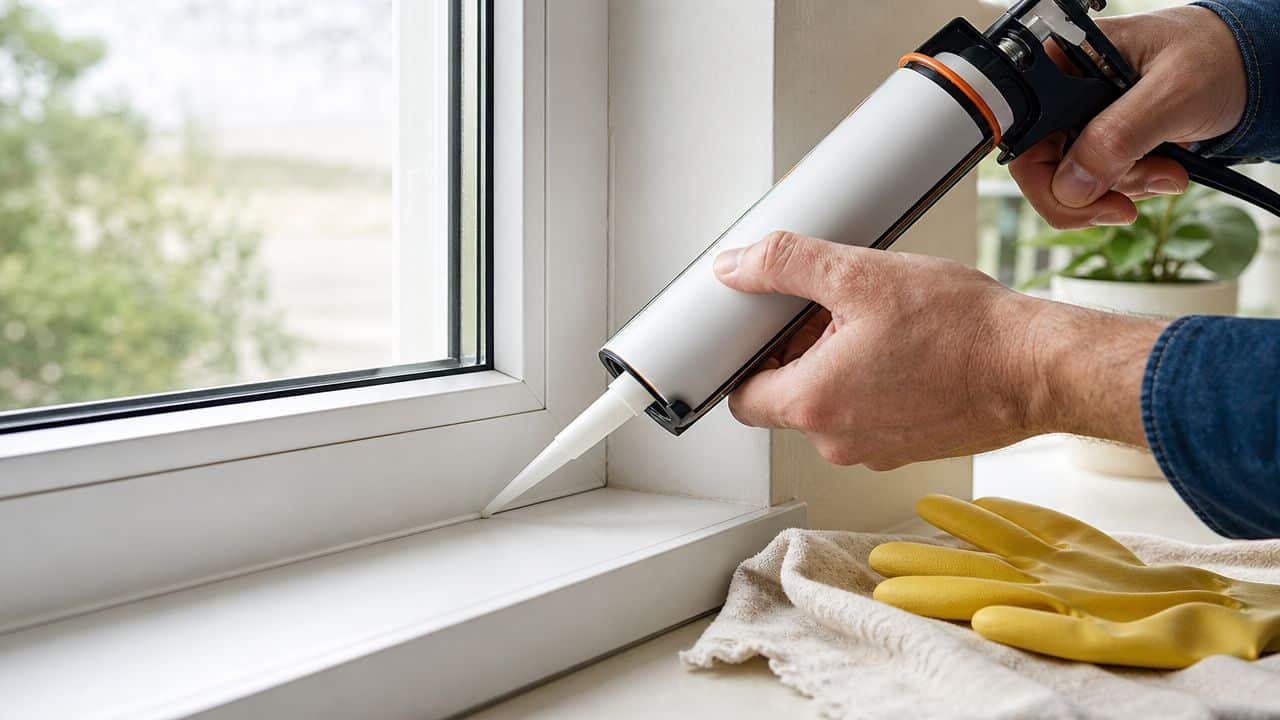 A person applying white silicone sealant to a window frame to prevent household pest entry.