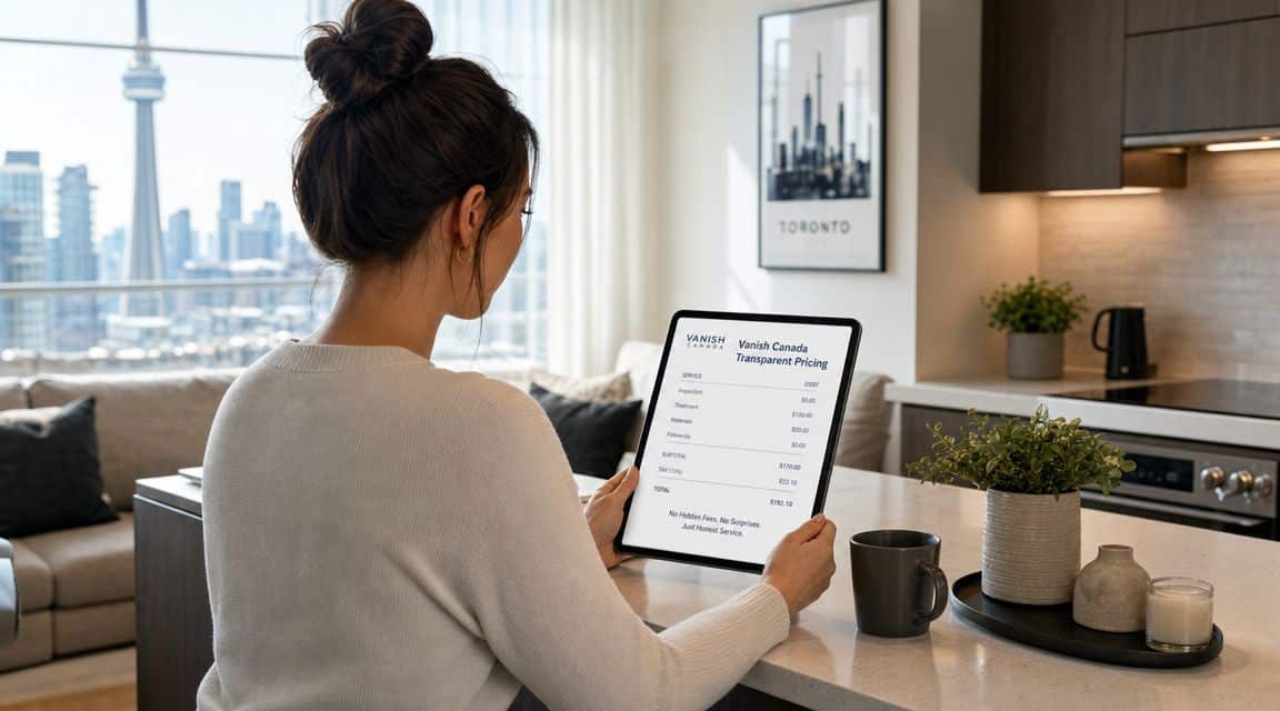 A person reviewing a digital quote from Vanish Canada for pest control services in a modern apartment.