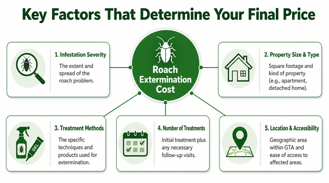 An infographic showing five key factors determining the cost of professional roach extermination services.