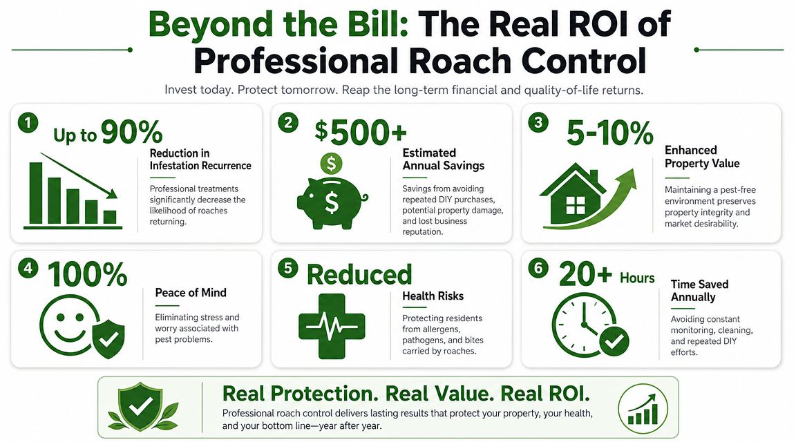 An infographic illustrating the financial and quality-of-life benefits of hiring professional roach control services.
