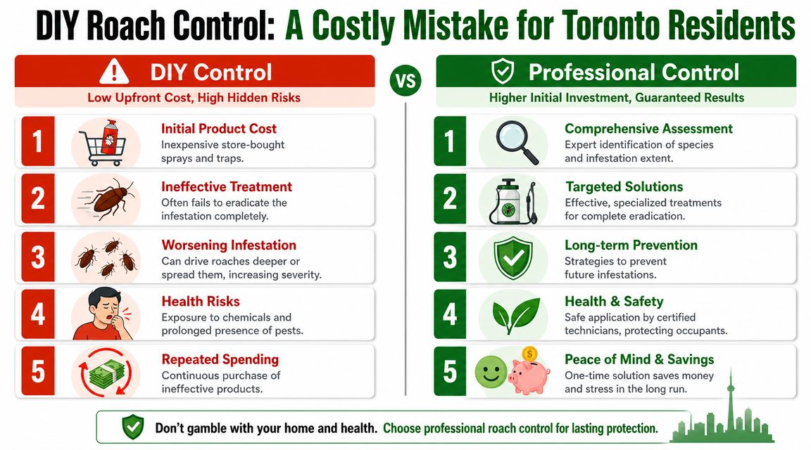 A comparison infographic showing why professional roach control is better and more cost-effective than DIY methods.