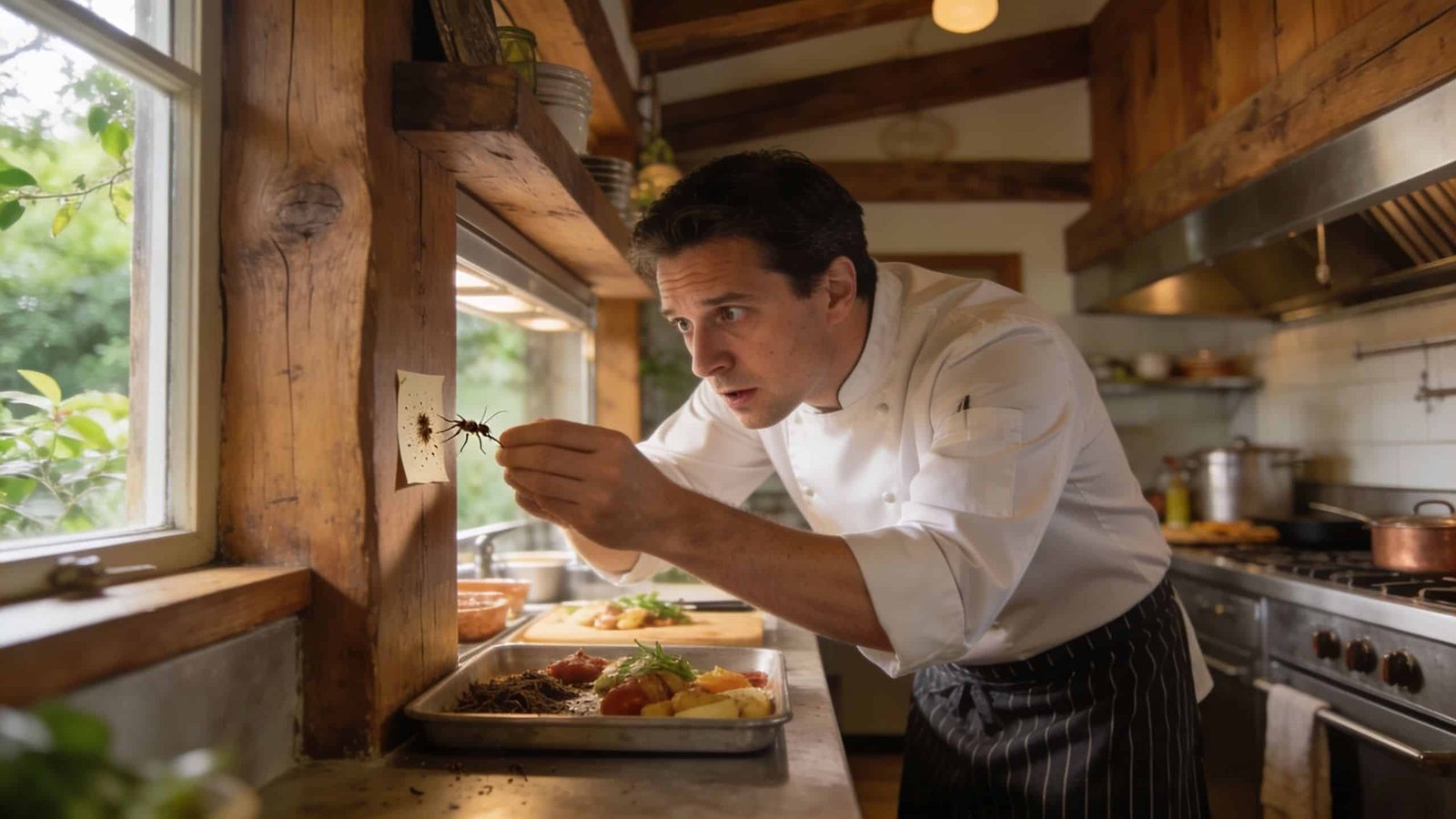A concerned chef in a restaurant kitchen carefully inspects a small spider perched on a wooden post.