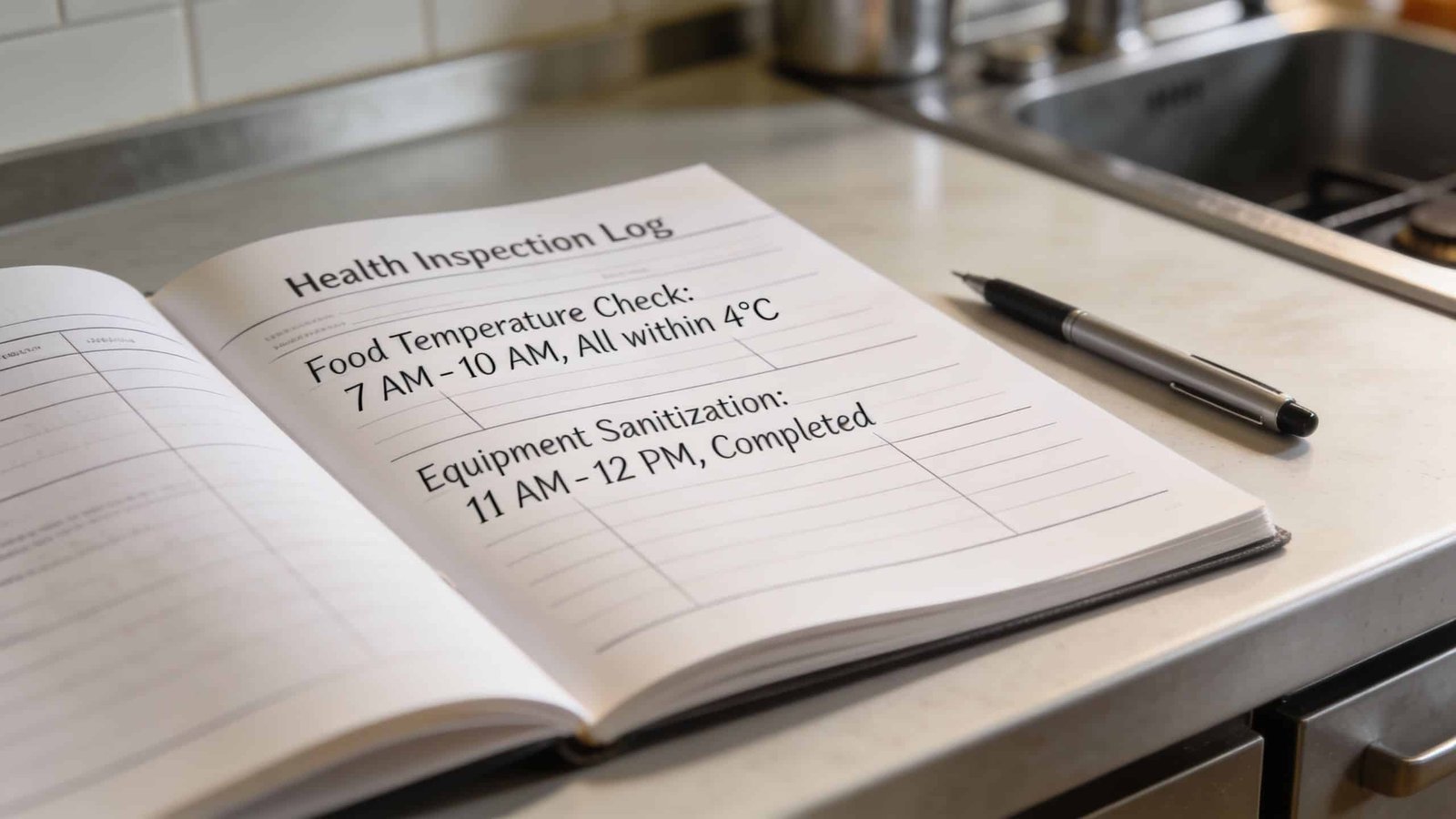 A health inspection logbook open on a kitchen counter next to a pen for recording restaurant safety.