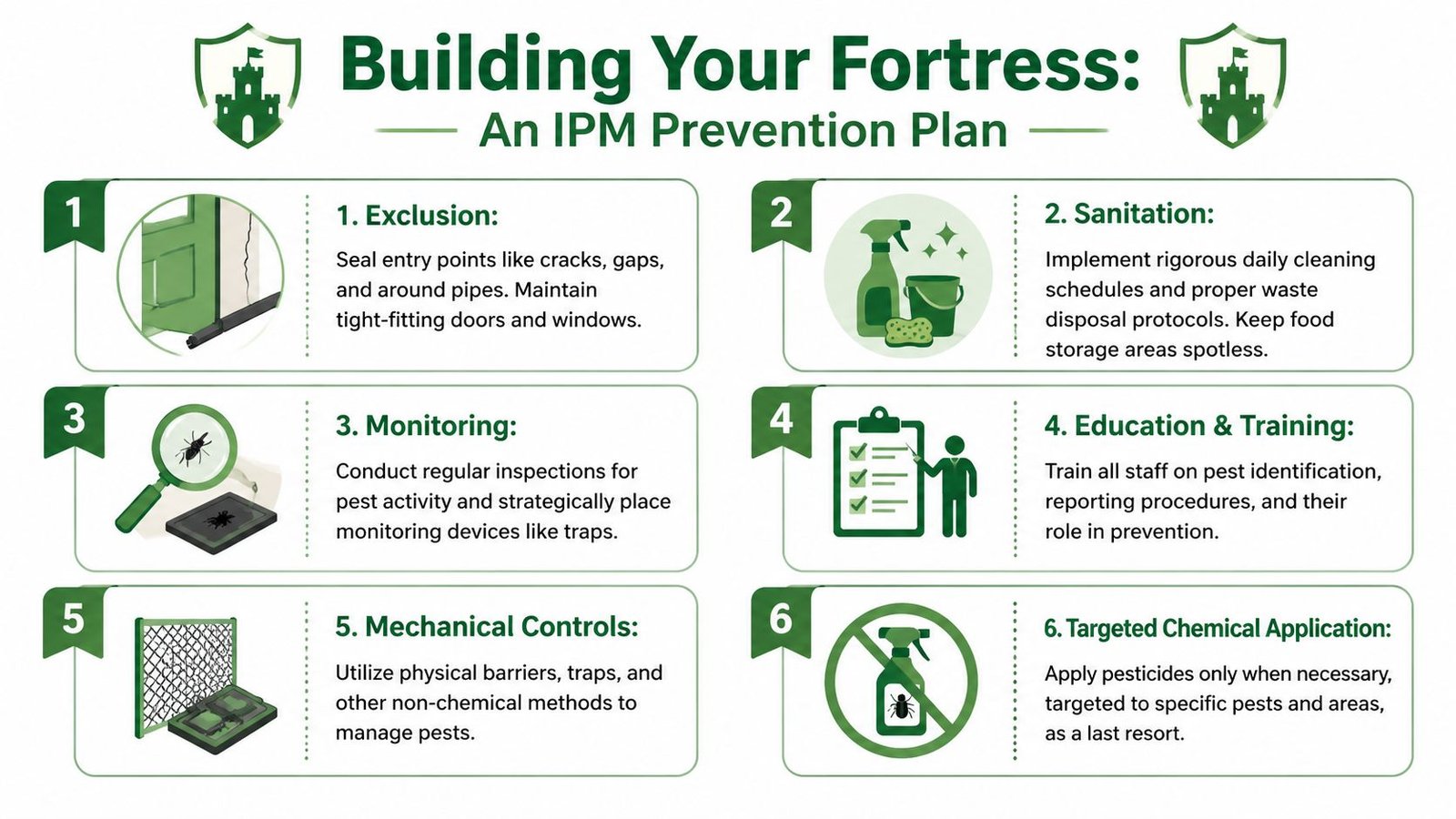 A six-step infographic detailing an integrated pest management prevention plan for building a secure facility.