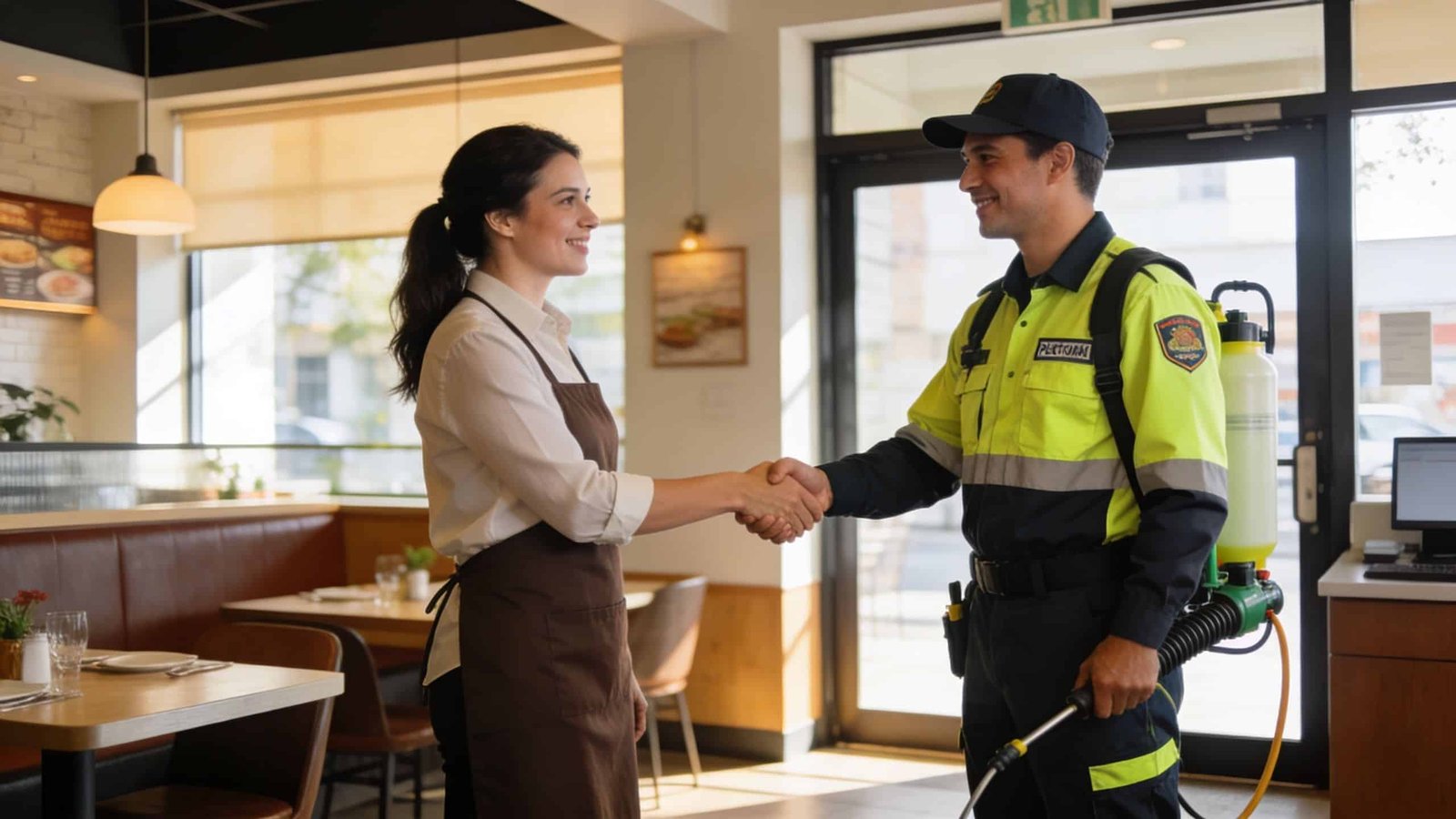 A restaurant staff member shakes hands with a professional pest control technician in a modern dining room.