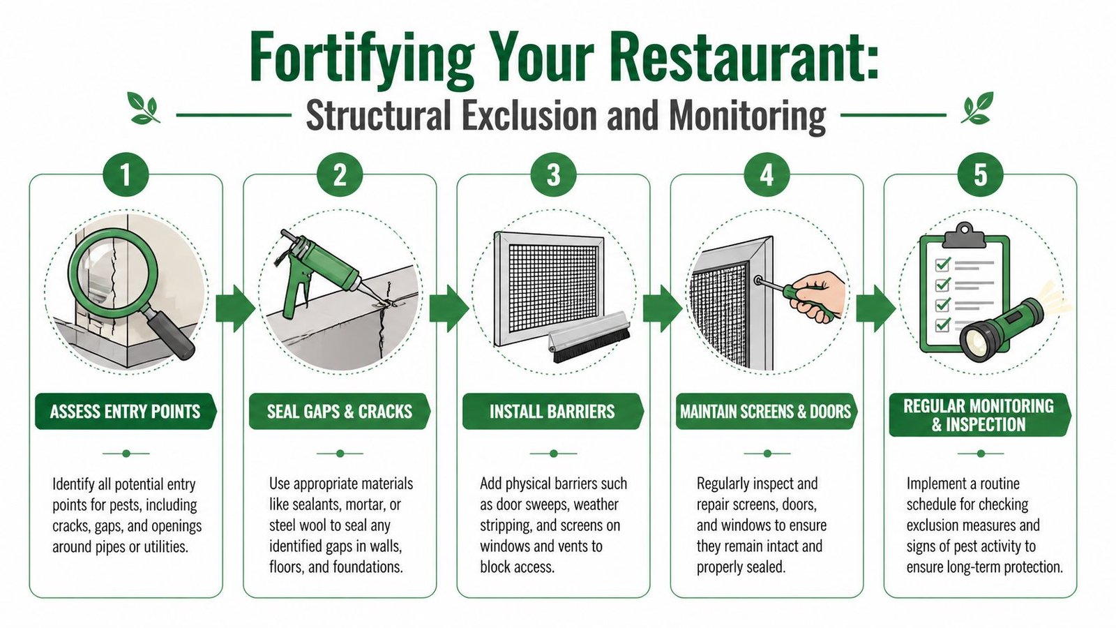 An infographic illustrating five steps for structural exclusion to prevent pests in a restaurant setting.