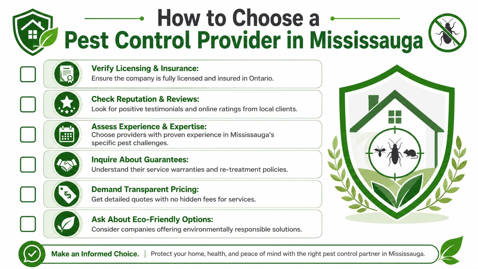 A guide infographic on how to select a reliable and professional pest control service provider in Mississauga.