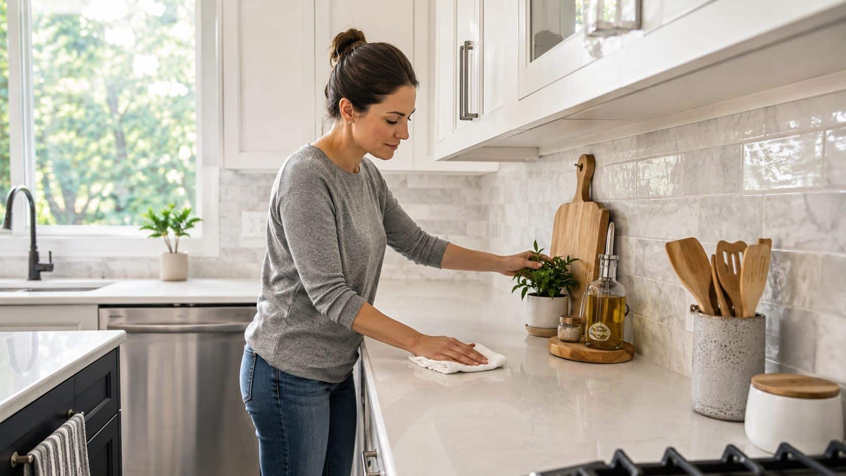 A woman cleaning a kitchen countertop to maintain a clean home environment free from pests.
